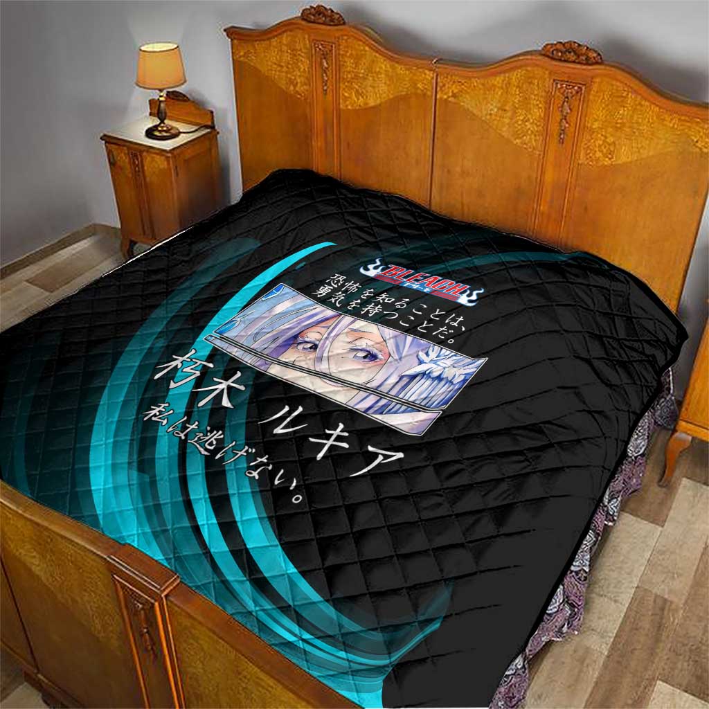 Rukia Kuchiki Bleach Anime Black and Teal Theme Quilt with Zanpakuto Pose and Japanese Quote Design - The Mazicc