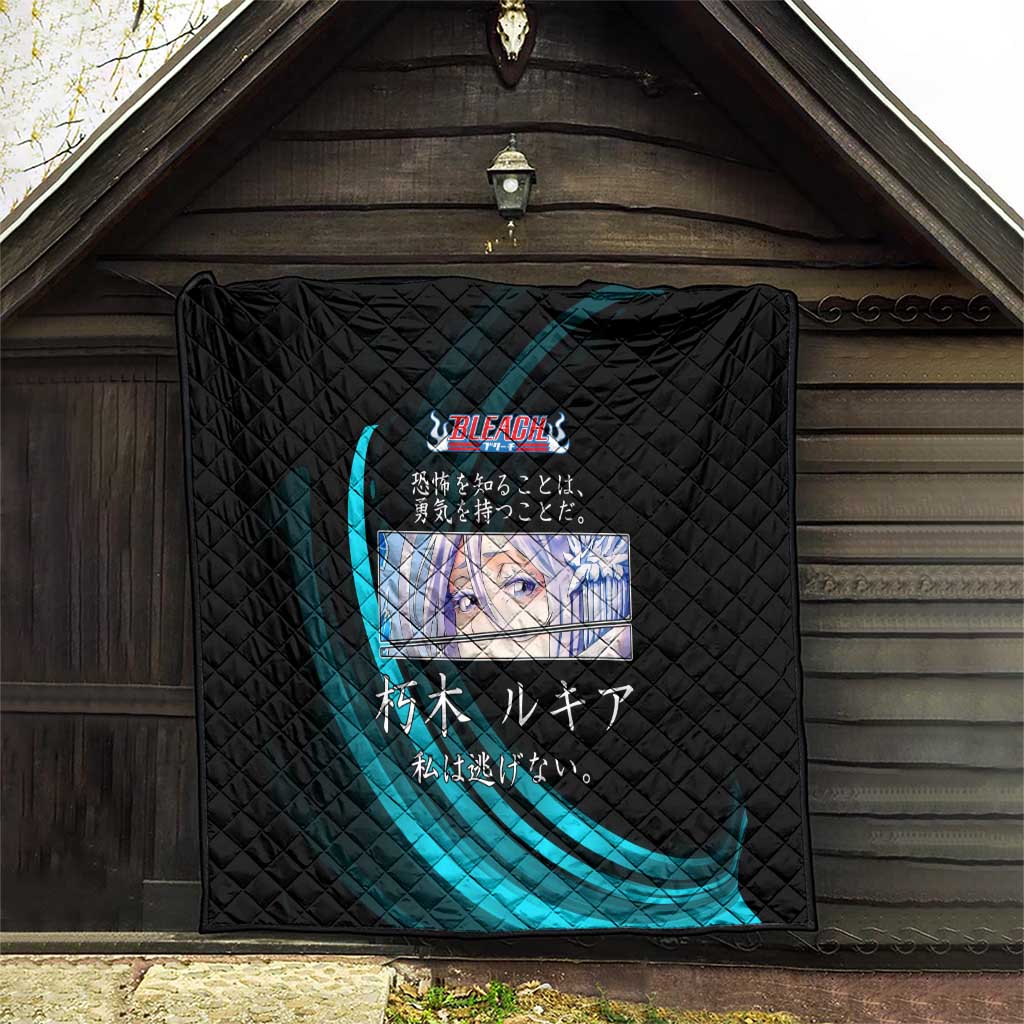 Rukia Kuchiki Bleach Anime Black and Teal Theme Quilt with Zanpakuto Pose and Japanese Quote Design - The Mazicc