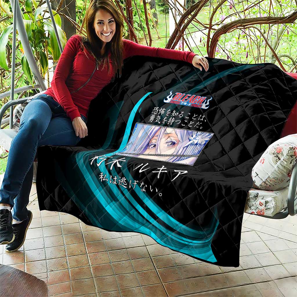 Rukia Kuchiki Bleach Anime Black and Teal Theme Quilt with Zanpakuto Pose and Japanese Quote Design - The Mazicc