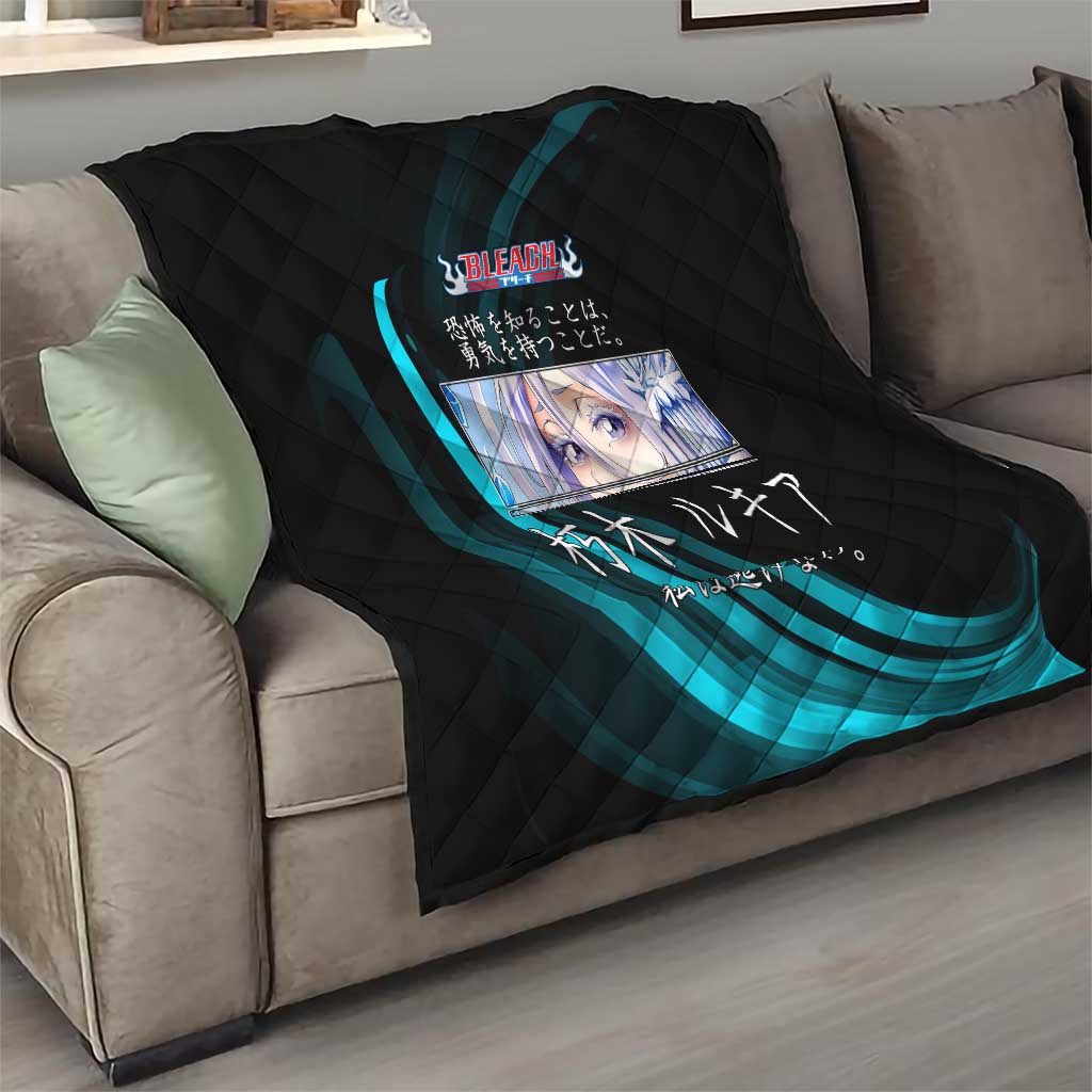 Rukia Kuchiki Bleach Anime Black and Teal Theme Quilt with Zanpakuto Pose and Japanese Quote Design - The Mazicc