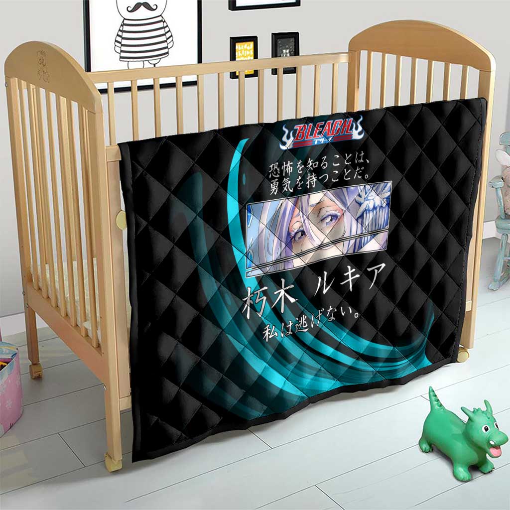 Rukia Kuchiki Bleach Anime Black and Teal Theme Quilt with Zanpakuto Pose and Japanese Quote Design - The Mazicc