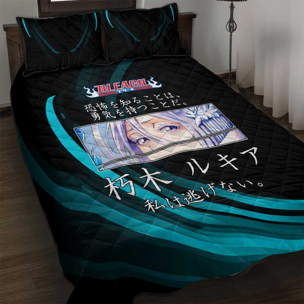 Rukia Kuchiki Bleach Anime Black and Teal Theme Quilt Bed Set with Zanpakuto Pose and Japanese Quote Design - The Mazicc