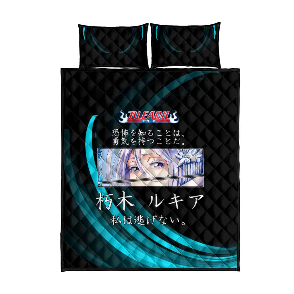 Rukia Kuchiki Bleach Anime Black and Teal Theme Quilt Bed Set with Zanpakuto Pose and Japanese Quote Design - The Mazicc