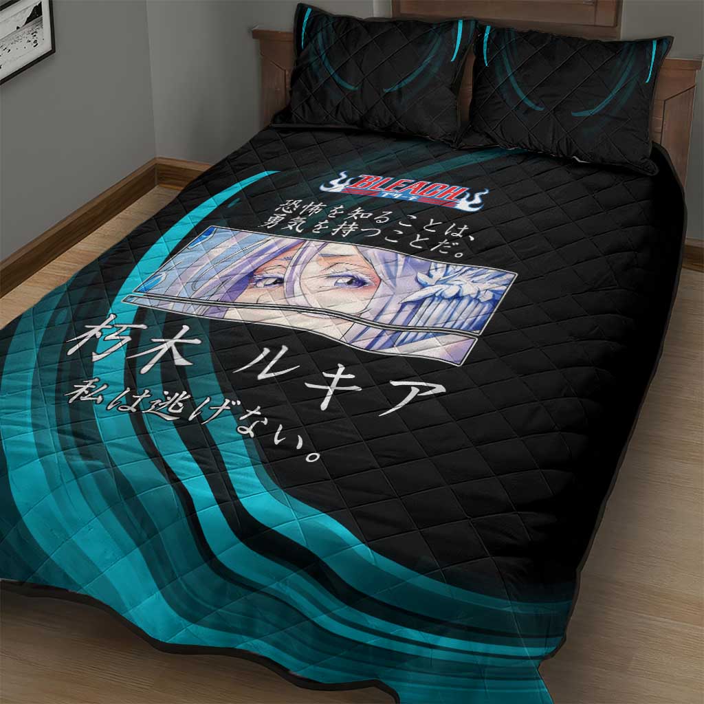 Rukia Kuchiki Bleach Anime Black and Teal Theme Quilt Bed Set with Zanpakuto Pose and Japanese Quote Design - The Mazicc