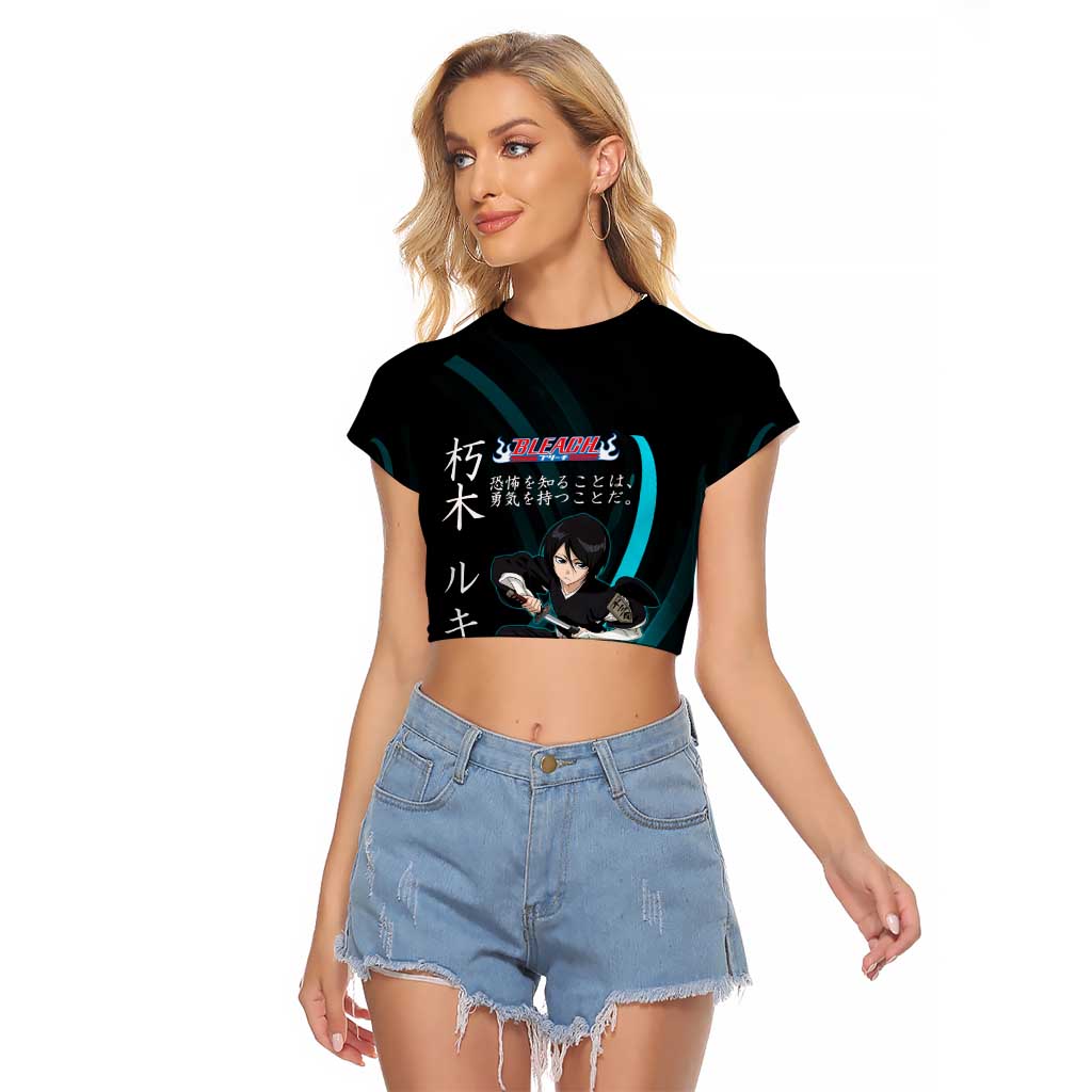 Rukia Kuchiki Bleach Anime Black and Teal Theme Raglan Cropped T Shirt with Zanpakuto Pose and Japanese Quote Design - The Mazicc