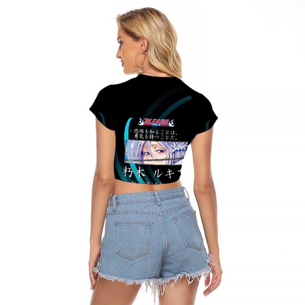 Rukia Kuchiki Bleach Anime Black and Teal Theme Raglan Cropped T Shirt with Zanpakuto Pose and Japanese Quote Design - The Mazicc