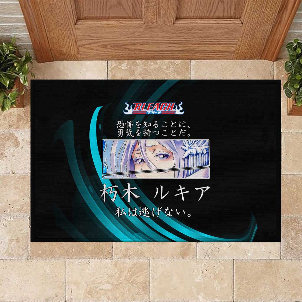 Rukia Kuchiki Bleach Anime Black and Teal Theme Rubber Doormat with Zanpakuto Pose and Japanese Quote Design - The Mazicc