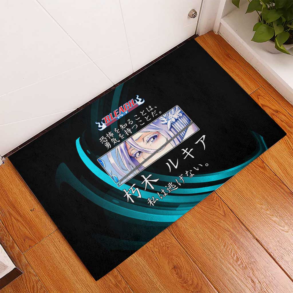 Rukia Kuchiki Bleach Anime Black and Teal Theme Rubber Doormat with Zanpakuto Pose and Japanese Quote Design - The Mazicc