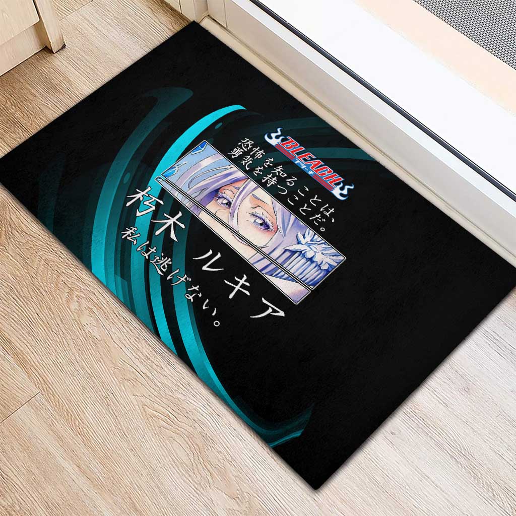 Rukia Kuchiki Bleach Anime Black and Teal Theme Rubber Doormat with Zanpakuto Pose and Japanese Quote Design - The Mazicc