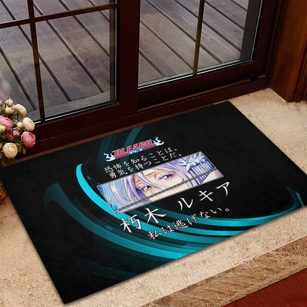Rukia Kuchiki Bleach Anime Black and Teal Theme Rubber Doormat with Zanpakuto Pose and Japanese Quote Design - The Mazicc
