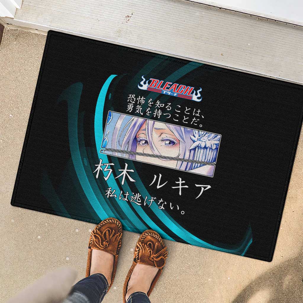 Rukia Kuchiki Bleach Anime Black and Teal Theme Rubber Doormat with Zanpakuto Pose and Japanese Quote Design - The Mazicc