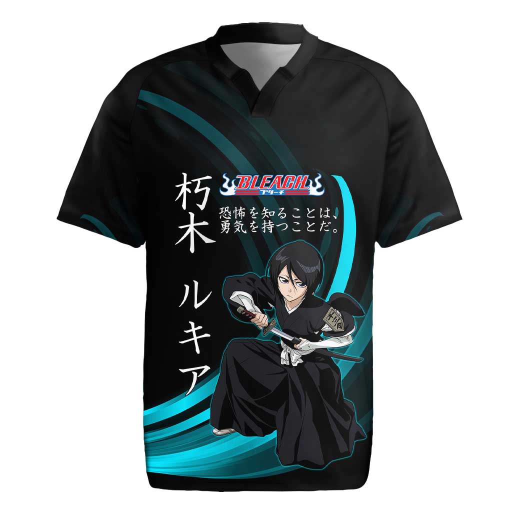 Rukia Kuchiki Bleach Anime Black and Teal Theme Rugby Jersey with Zanpakuto Pose and Japanese Quote Design - The Mazicc