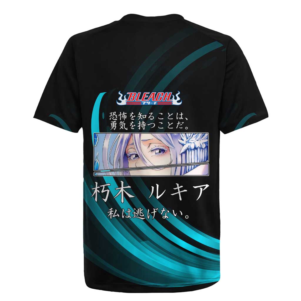 Rukia Kuchiki Bleach Anime Black and Teal Theme Rugby Jersey with Zanpakuto Pose and Japanese Quote Design - The Mazicc