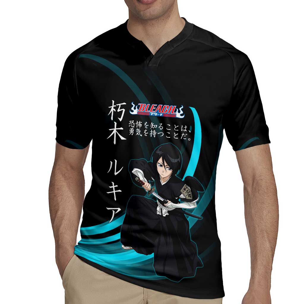 Rukia Kuchiki Bleach Anime Black and Teal Theme Rugby Jersey with Zanpakuto Pose and Japanese Quote Design - The Mazicc
