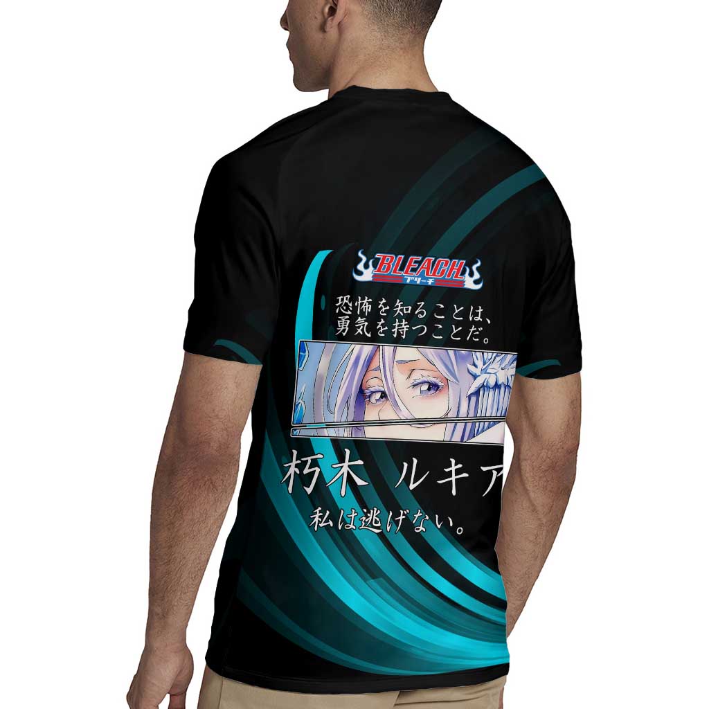 Rukia Kuchiki Bleach Anime Black and Teal Theme Rugby Jersey with Zanpakuto Pose and Japanese Quote Design - The Mazicc