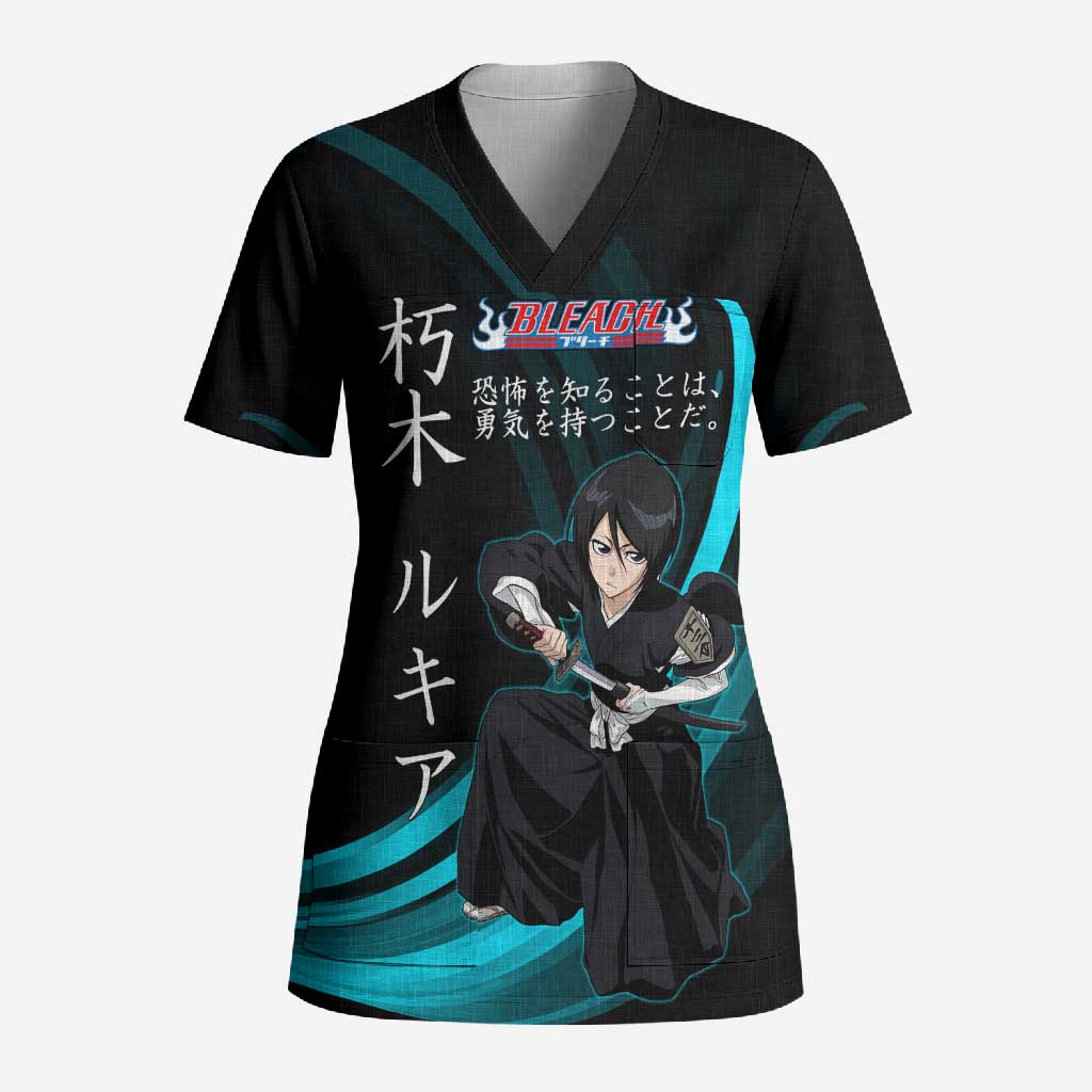 Rukia Kuchiki Bleach Anime Black and Teal Theme Scrub Top with Zanpakuto Pose and Japanese Quote Design - The Mazicc