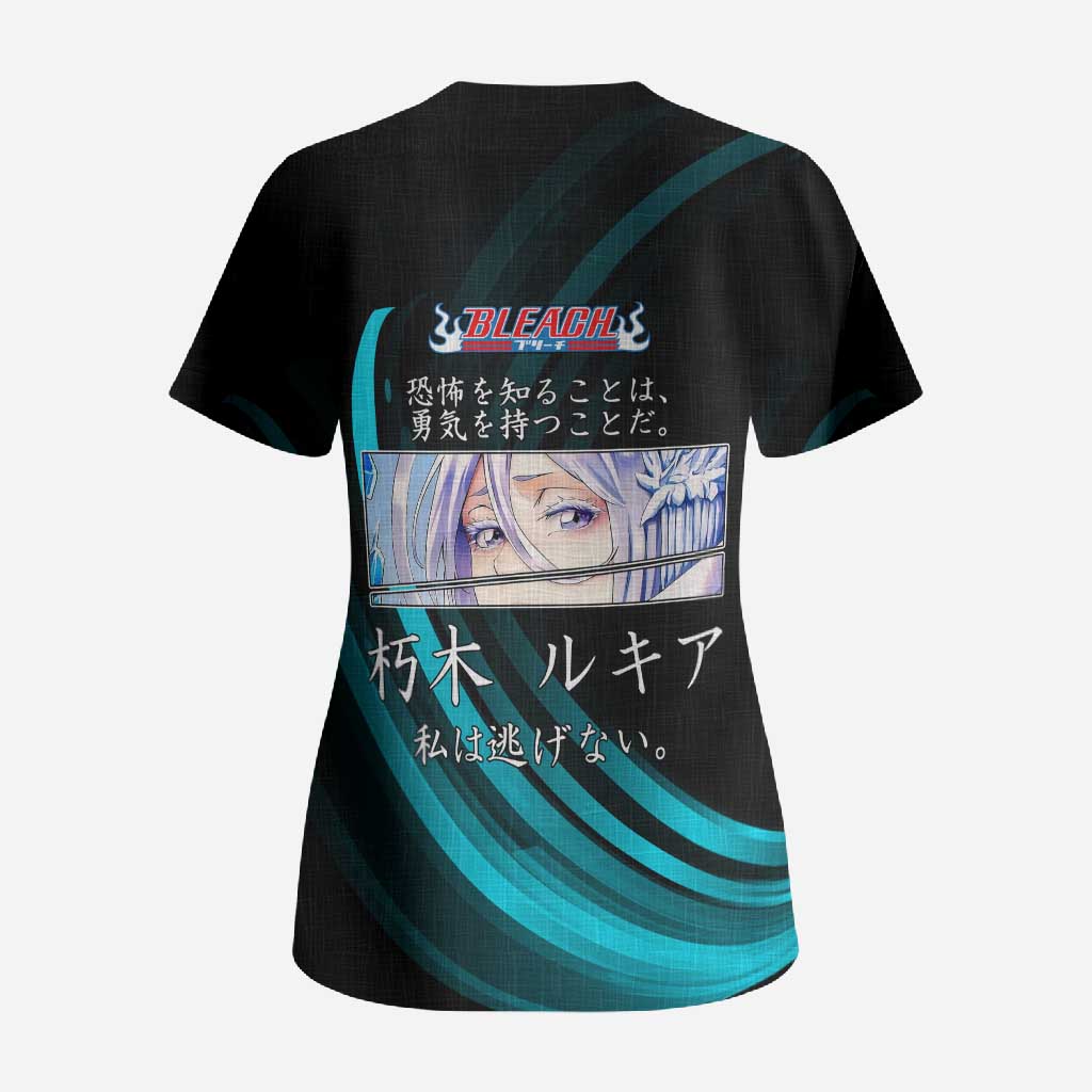 Rukia Kuchiki Bleach Anime Black and Teal Theme Scrub Top with Zanpakuto Pose and Japanese Quote Design - The Mazicc