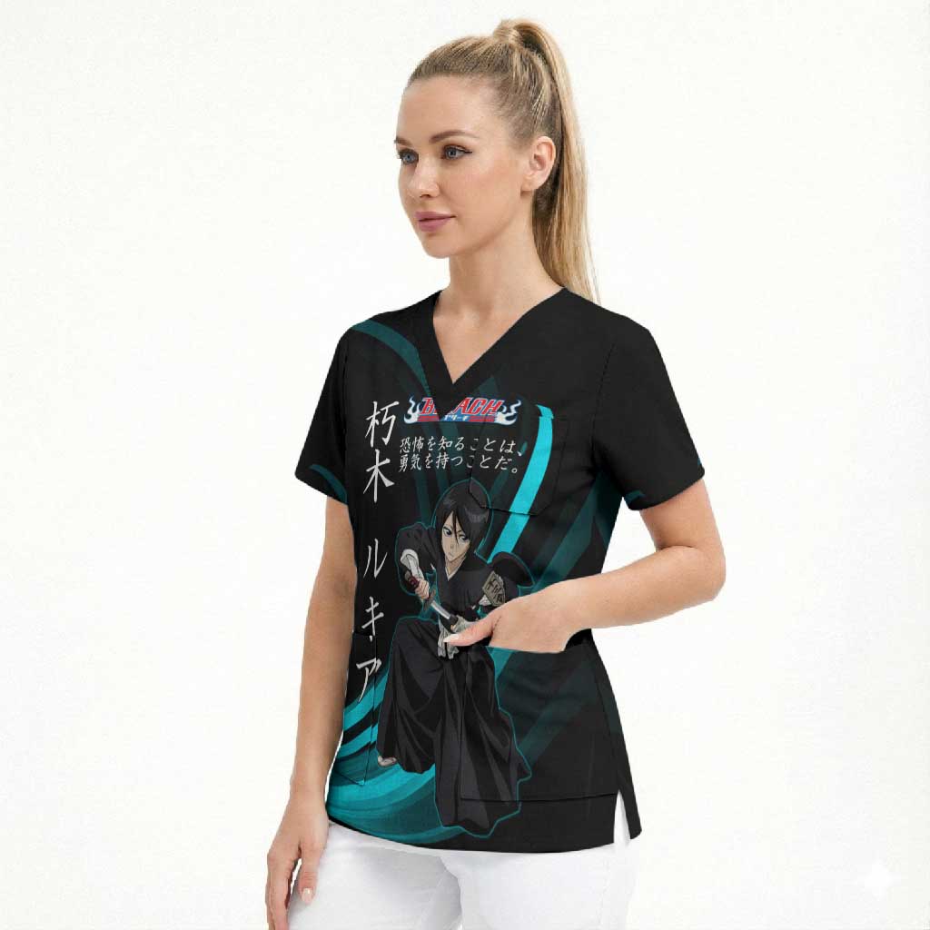 Rukia Kuchiki Bleach Anime Black and Teal Theme Scrub Top with Zanpakuto Pose and Japanese Quote Design - The Mazicc