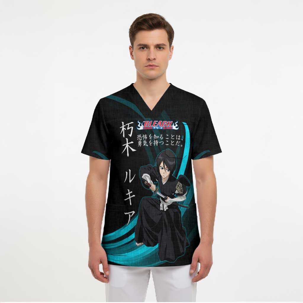 Rukia Kuchiki Bleach Anime Black and Teal Theme Scrub Top with Zanpakuto Pose and Japanese Quote Design - The Mazicc