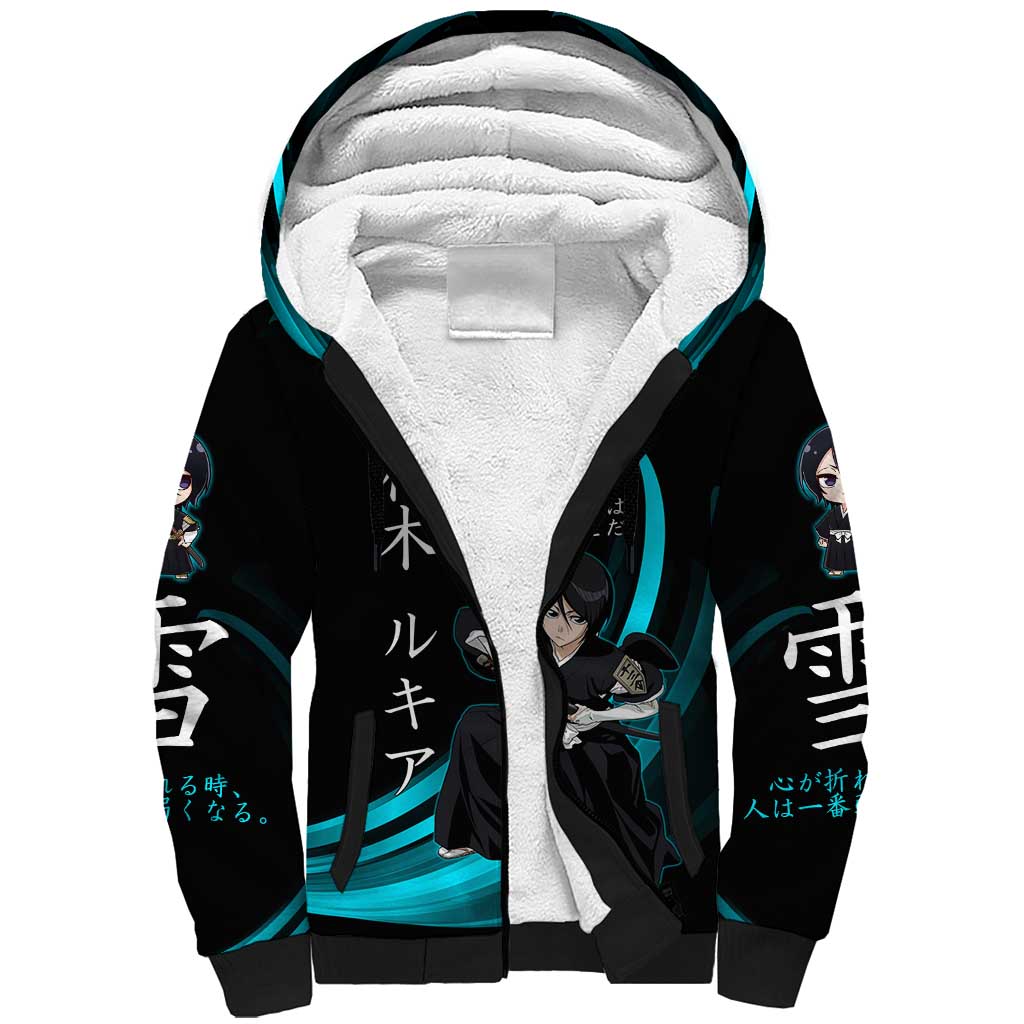 Rukia Kuchiki Bleach Anime Black and Teal Theme Sherpa Hoodie with Zanpakuto Pose and Japanese Quote Design - The Mazicc