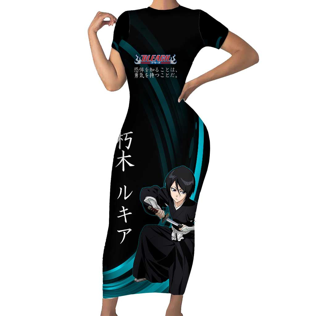 Rukia Kuchiki Bleach Anime Black and Teal Theme Short Sleeve Bodycon Dress with Zanpakuto Pose and Japanese Quote Design - The Mazicc