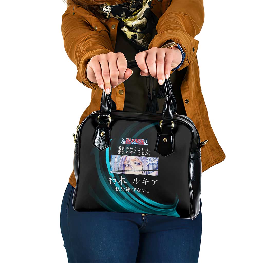 Rukia Kuchiki Bleach Anime Black and Teal Theme Shoulder Handbag with Zanpakuto Pose and Japanese Quote Design - The Mazicc