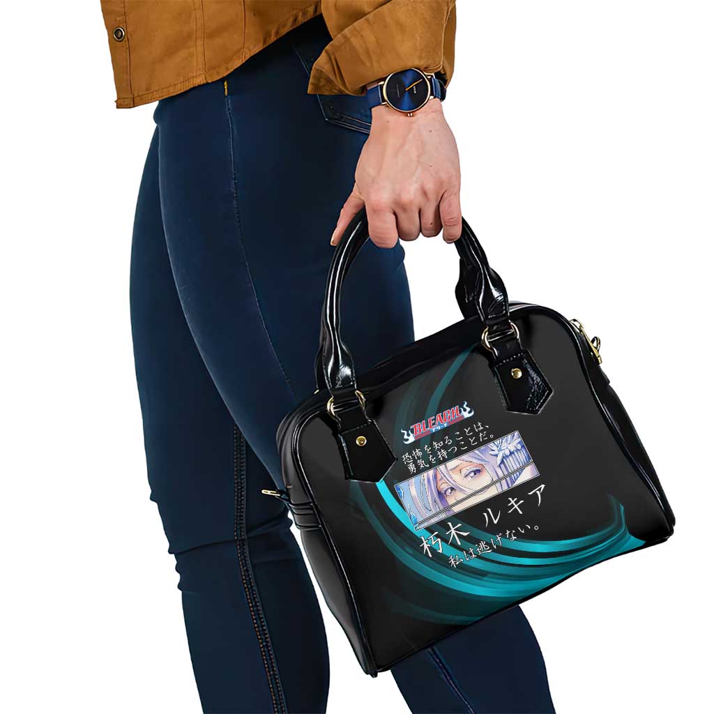 Rukia Kuchiki Bleach Anime Black and Teal Theme Shoulder Handbag with Zanpakuto Pose and Japanese Quote Design - The Mazicc