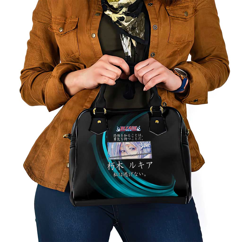 Rukia Kuchiki Bleach Anime Black and Teal Theme Shoulder Handbag with Zanpakuto Pose and Japanese Quote Design - The Mazicc