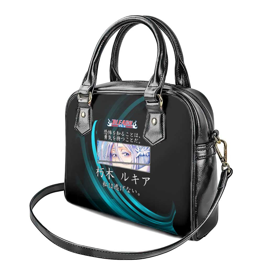 Rukia Kuchiki Bleach Anime Black and Teal Theme Shoulder Handbag with Zanpakuto Pose and Japanese Quote Design - The Mazicc