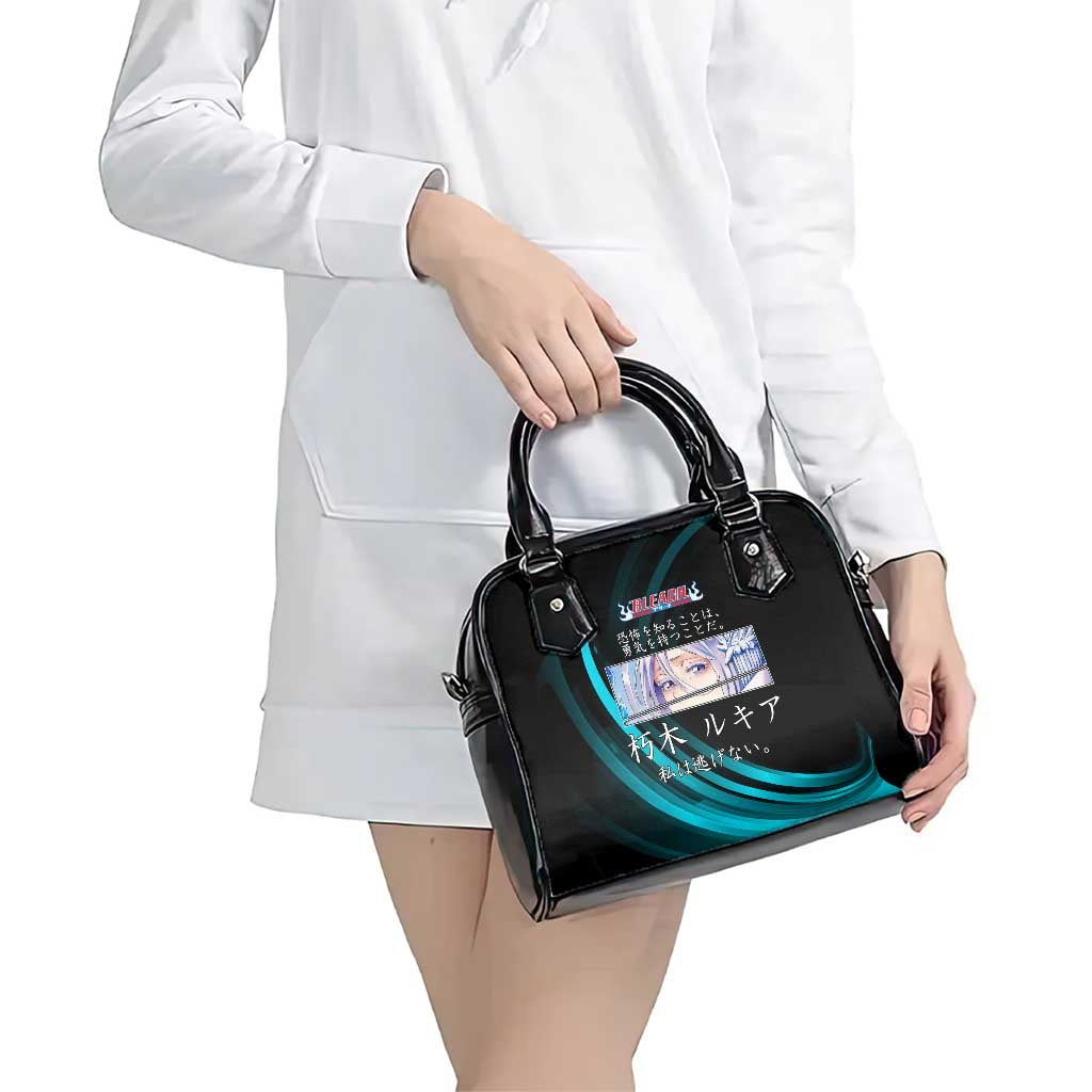 Rukia Kuchiki Bleach Anime Black and Teal Theme Shoulder Handbag with Zanpakuto Pose and Japanese Quote Design - The Mazicc