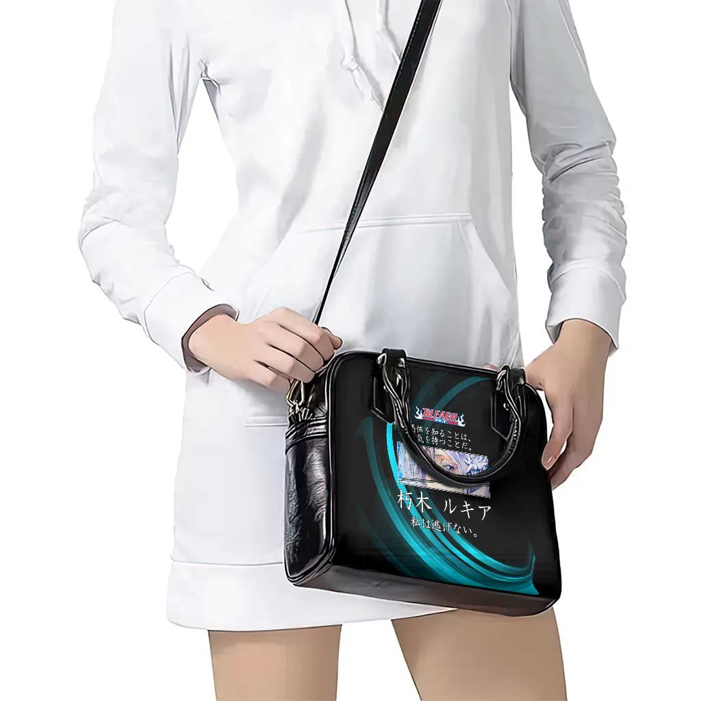 Rukia Kuchiki Bleach Anime Black and Teal Theme Shoulder Handbag with Zanpakuto Pose and Japanese Quote Design - The Mazicc