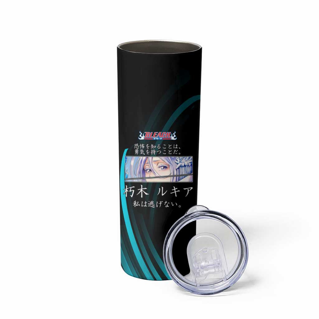 Rukia Kuchiki Bleach Anime Black and Teal Theme Skinny Tumbler with Zanpakuto Pose and Japanese Quote Design - The Mazicc