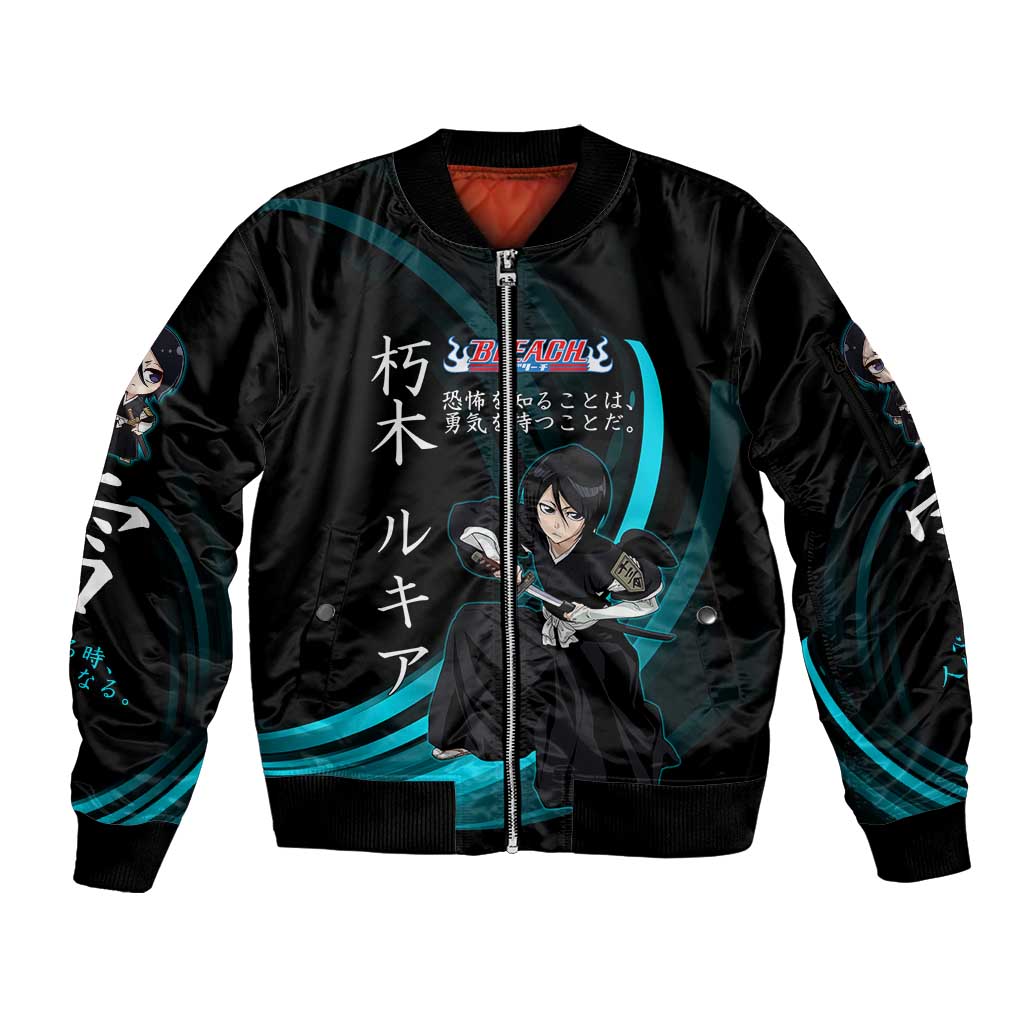 Rukia Kuchiki Bleach Anime Black and Teal Theme Sleeve Zip Bomber Jacket with Zanpakuto Pose and Japanese Quote Design - The Mazicc