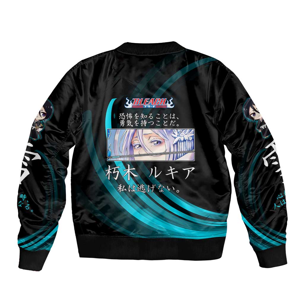 Rukia Kuchiki Bleach Anime Black and Teal Theme Sleeve Zip Bomber Jacket with Zanpakuto Pose and Japanese Quote Design - The Mazicc