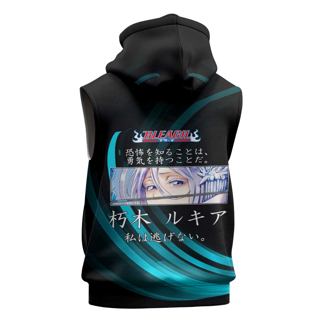 Rukia Kuchiki Bleach Anime Black and Teal Theme Sleeveless Hoodie with Zanpakuto Pose and Japanese Quote Design - The Mazicc
