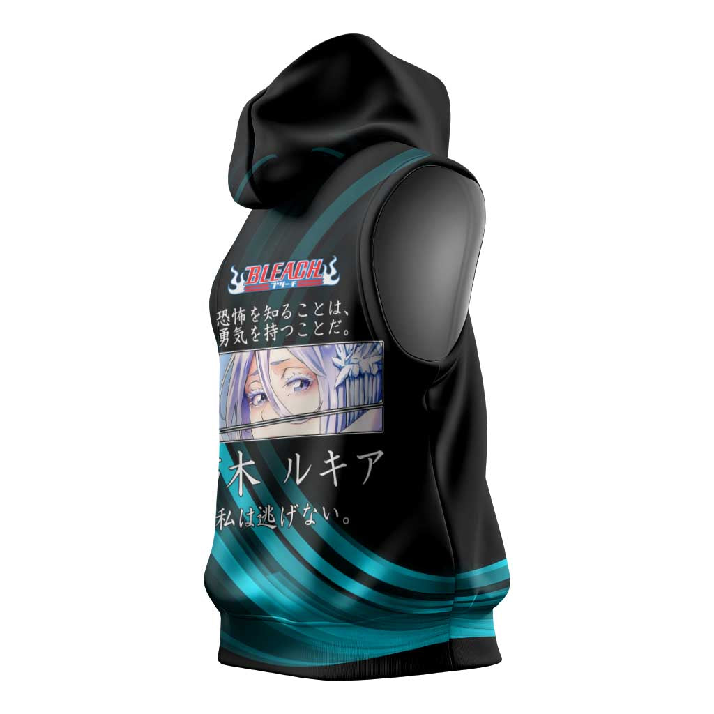 Rukia Kuchiki Bleach Anime Black and Teal Theme Sleeveless Hoodie with Zanpakuto Pose and Japanese Quote Design - The Mazicc
