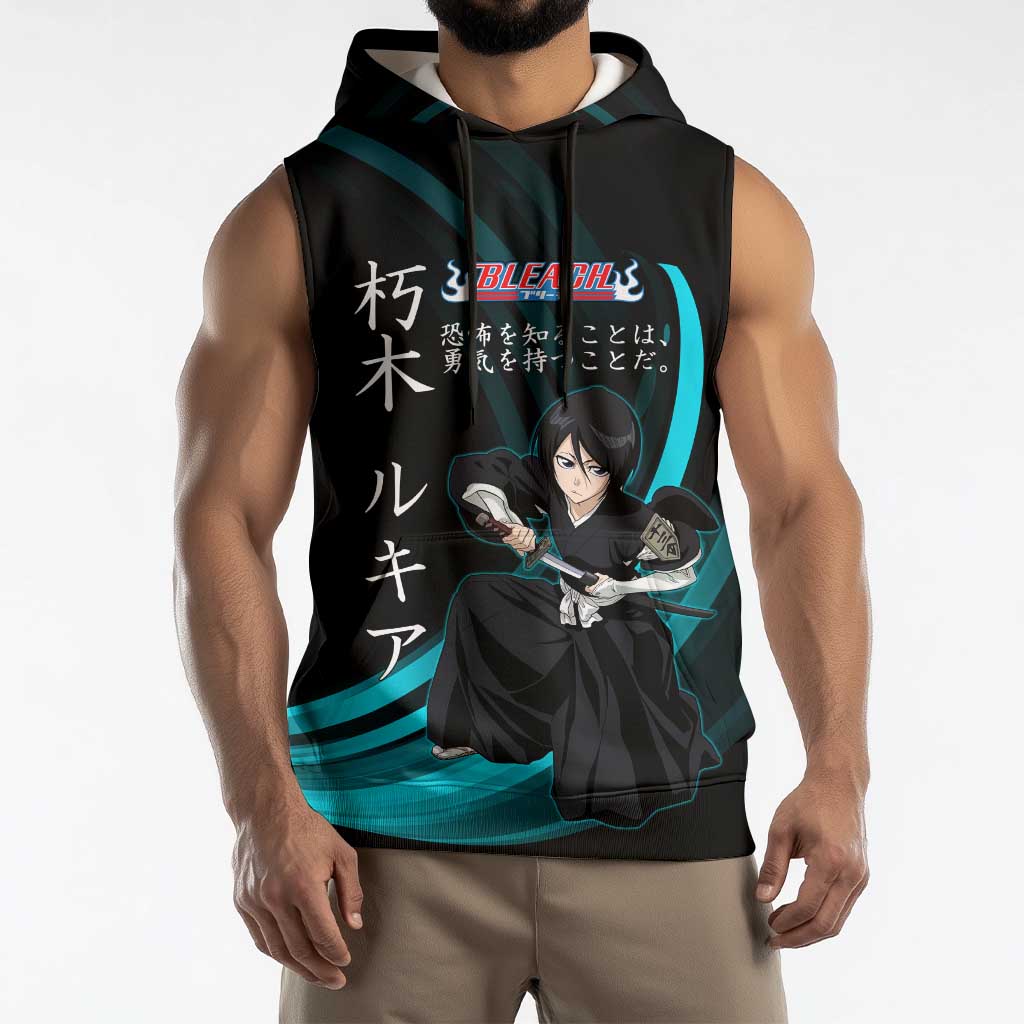 Rukia Kuchiki Bleach Anime Black and Teal Theme Sleeveless Hoodie with Zanpakuto Pose and Japanese Quote Design - The Mazicc