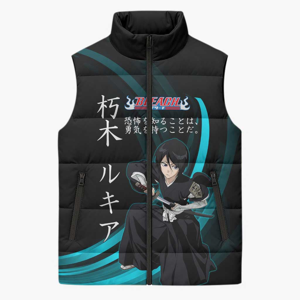 Rukia Kuchiki Bleach Anime Black and Teal Theme Sleeveless Puffer Jacket with Zanpakuto Pose and Japanese Quote Design - The Mazicc