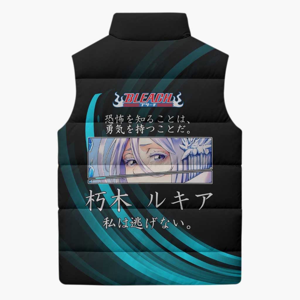 Rukia Kuchiki Bleach Anime Black and Teal Theme Sleeveless Puffer Jacket with Zanpakuto Pose and Japanese Quote Design - The Mazicc