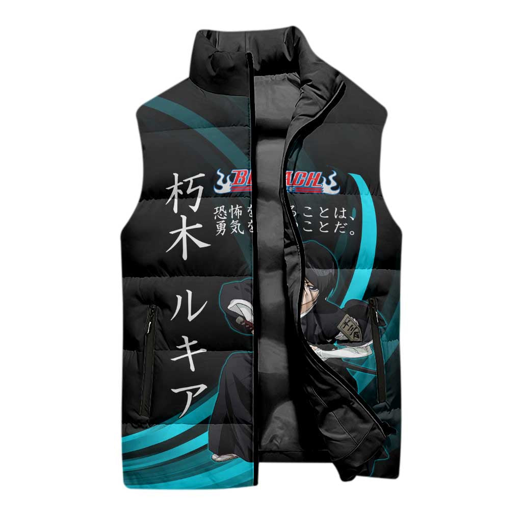 Rukia Kuchiki Bleach Anime Black and Teal Theme Sleeveless Puffer Jacket with Zanpakuto Pose and Japanese Quote Design - The Mazicc