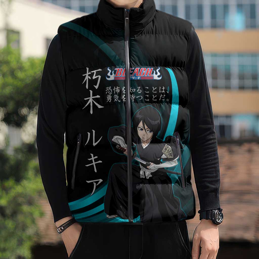 Rukia Kuchiki Bleach Anime Black and Teal Theme Sleeveless Puffer Jacket with Zanpakuto Pose and Japanese Quote Design - The Mazicc