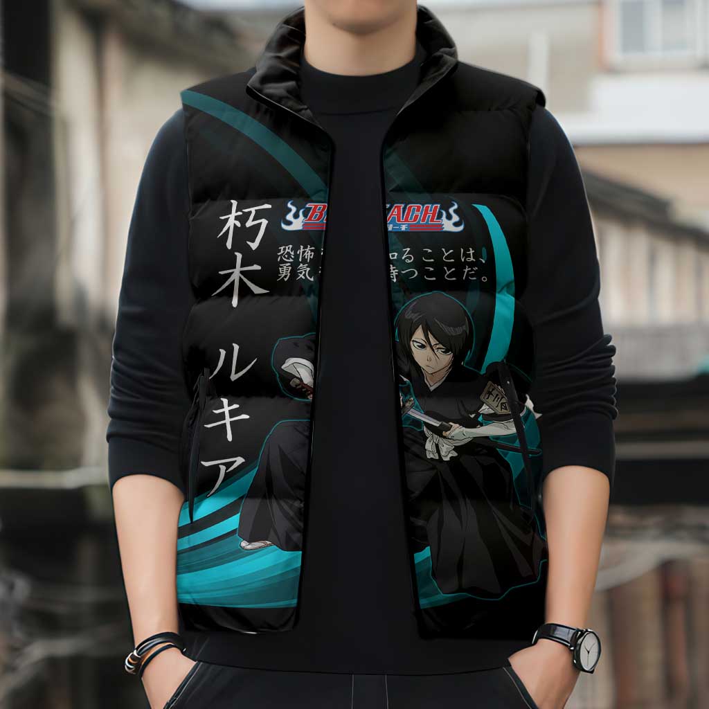 Rukia Kuchiki Bleach Anime Black and Teal Theme Sleeveless Puffer Jacket with Zanpakuto Pose and Japanese Quote Design - The Mazicc
