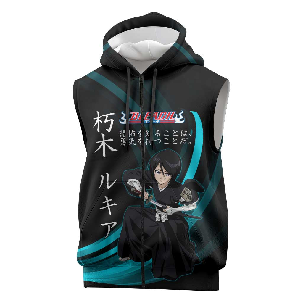Rukia Kuchiki Bleach Anime Black and Teal Theme Sleeveless Zip Hoodie with Zanpakuto Pose and Japanese Quote Design - The Mazicc