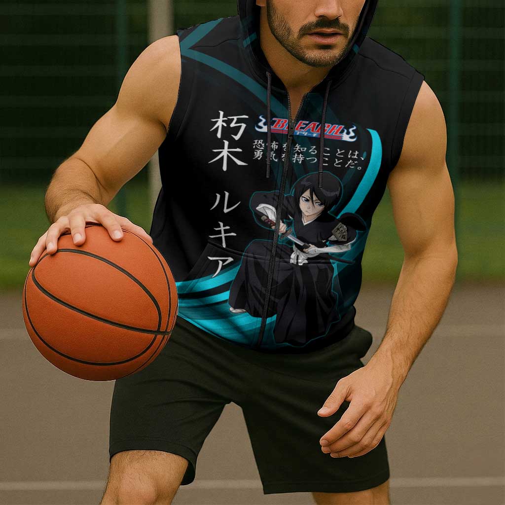 Rukia Kuchiki Bleach Anime Black and Teal Theme Sleeveless Zip Hoodie with Zanpakuto Pose and Japanese Quote Design - The Mazicc