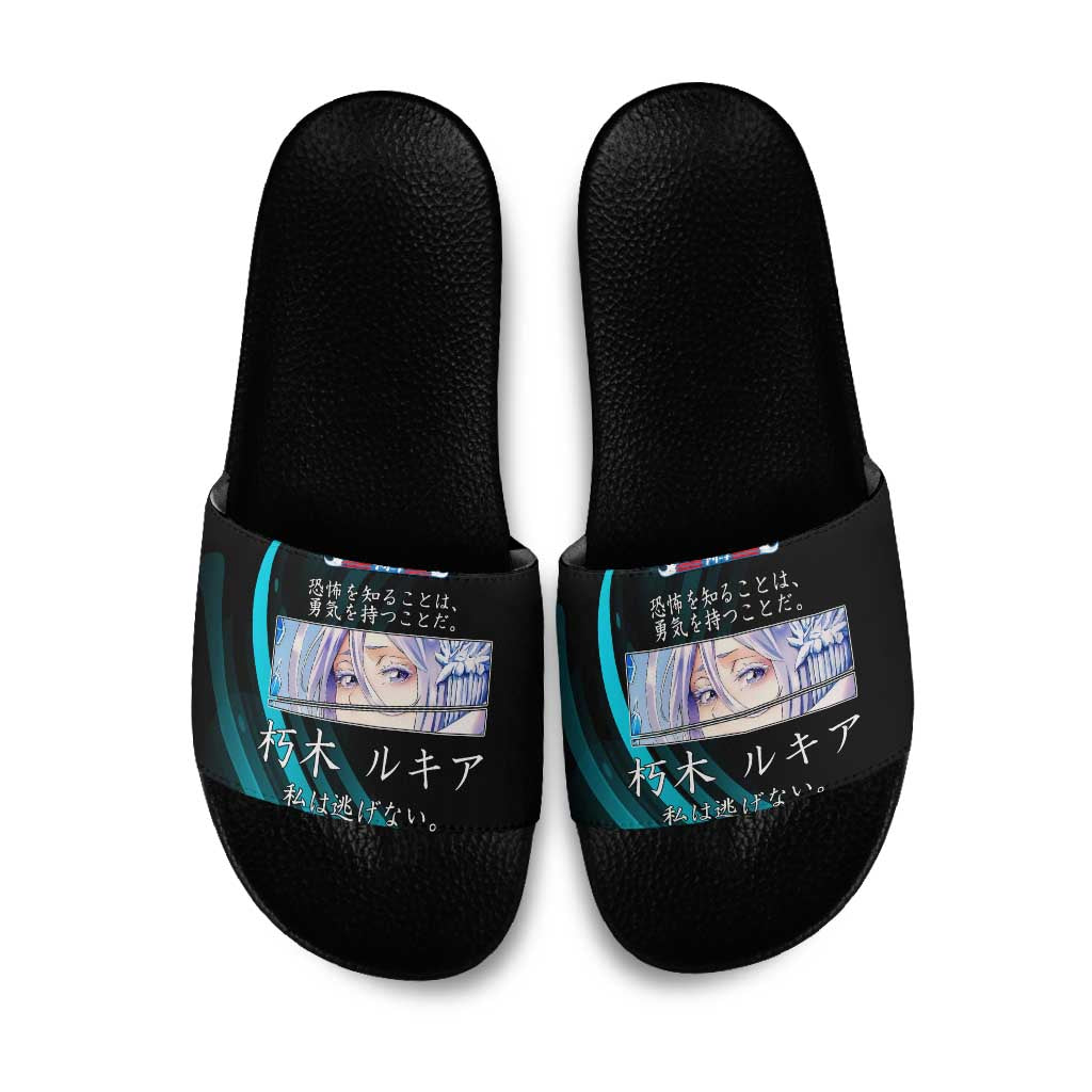 Rukia Kuchiki Bleach Anime Black and Teal Theme Slide Sandals with Zanpakuto Pose and Japanese Quote Design - The Mazicc