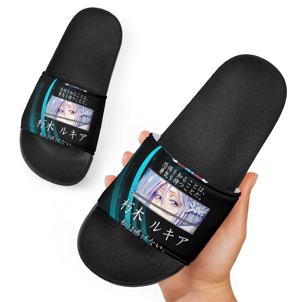 Rukia Kuchiki Bleach Anime Black and Teal Theme Slide Sandals with Zanpakuto Pose and Japanese Quote Design - The Mazicc