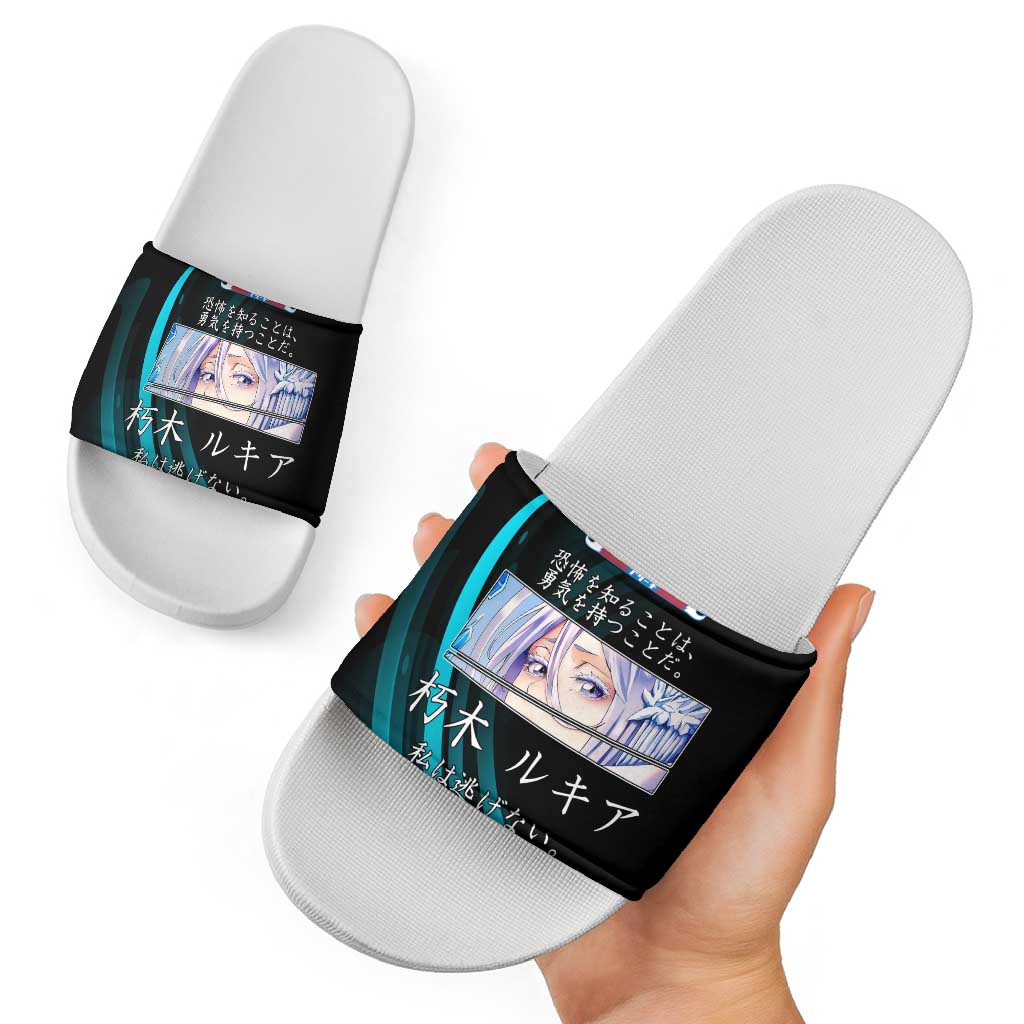 Rukia Kuchiki Bleach Anime Black and Teal Theme Slide Sandals with Zanpakuto Pose and Japanese Quote Design - The Mazicc