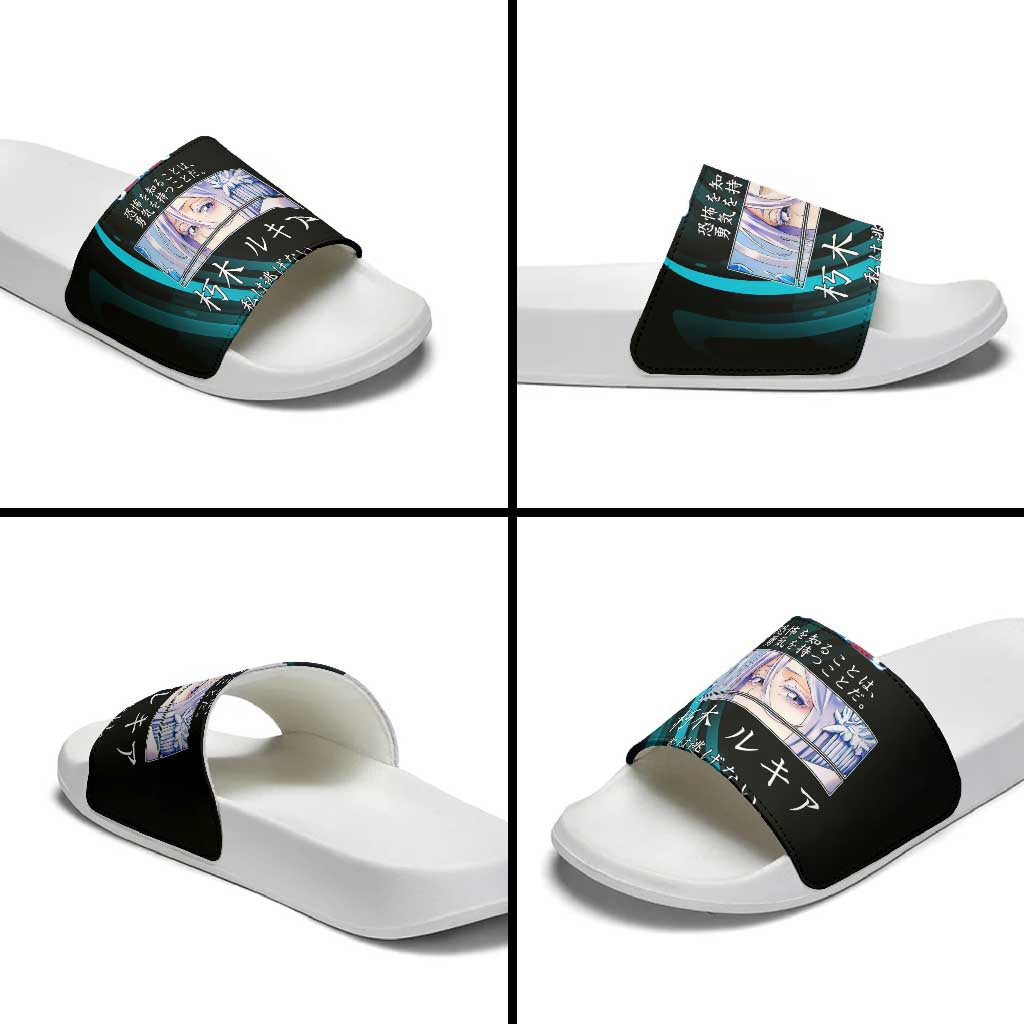 Rukia Kuchiki Bleach Anime Black and Teal Theme Slide Sandals with Zanpakuto Pose and Japanese Quote Design - The Mazicc