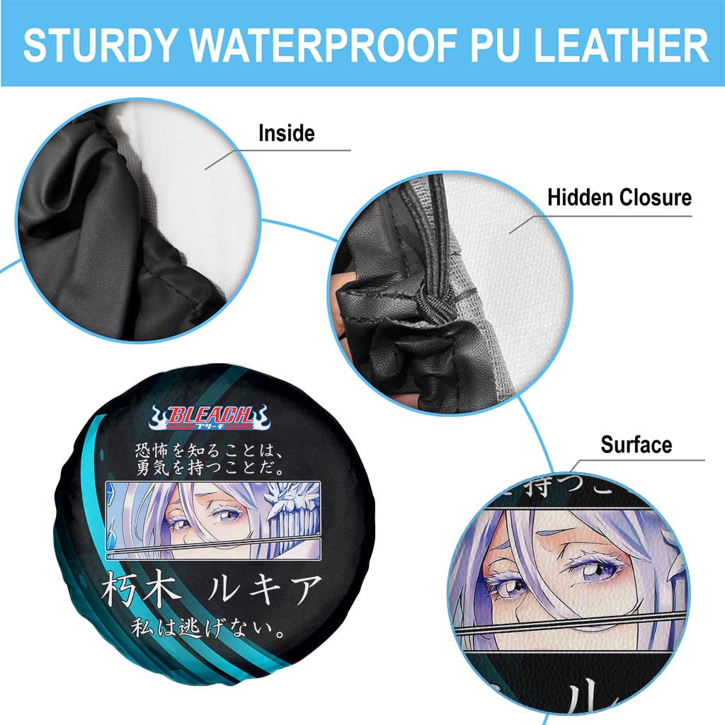 Rukia Kuchiki Bleach Anime Black and Teal Theme Spare Tire Cover with Zanpakuto Pose and Japanese Quote Design - The Mazicc