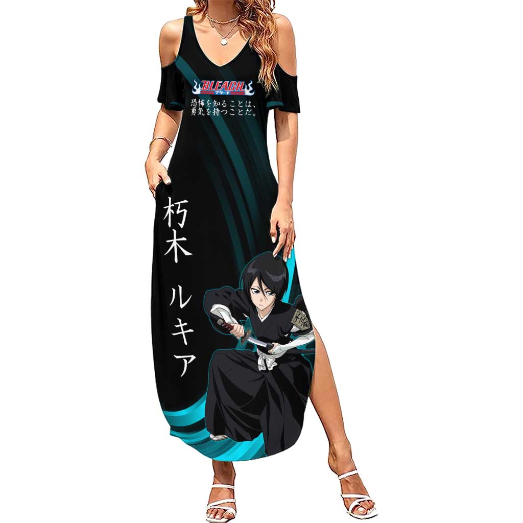 Rukia Kuchiki Bleach Anime Black and Teal Theme Summer Maxi Dress with Zanpakuto Pose and Japanese Quote Design - The Mazicc